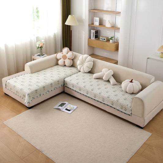 Printed Quilted L Shape Sofa Seat Mat, Light Green Ash Gypsy Flower