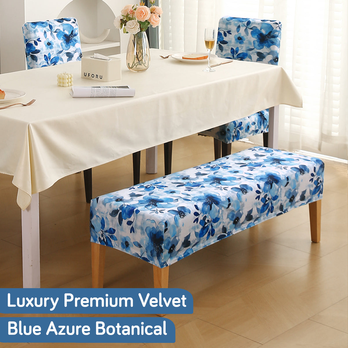 Premium Velvet Cover Set for 4 Dining Chairs + 1 Dining Bench, Blue Azure Botanical