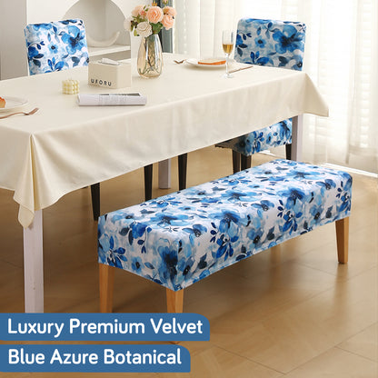 Premium Velvet Cover Set for 4 Dining Chairs + 1 Dining Bench, Blue Azure Botanical