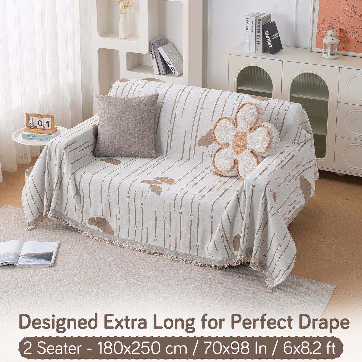 Buy Beige Ginkgo Lines Serene Abode Chenille Two Seater Sofa Throw | HOKIPO