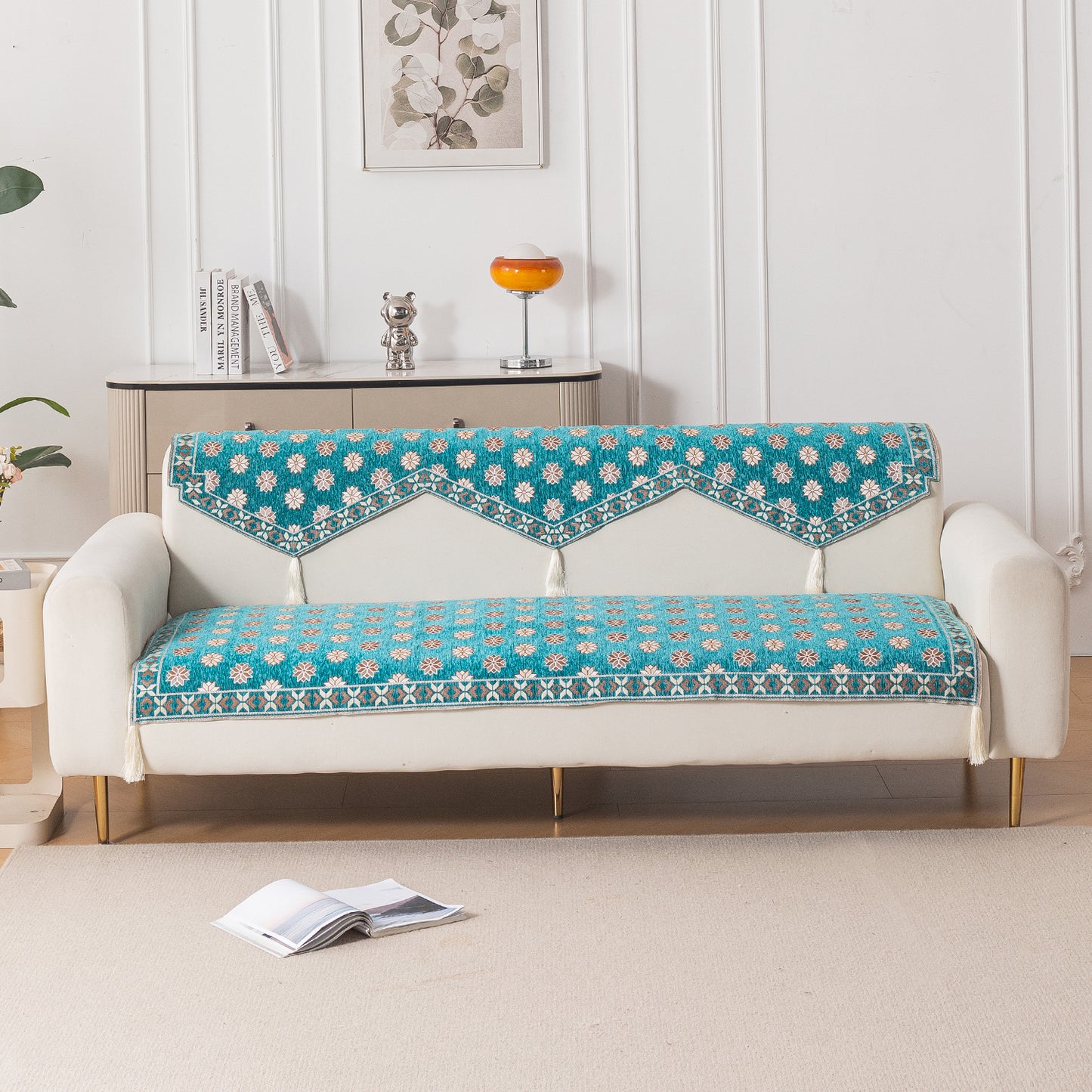 Heritage Weave Premium Jacquard Sofa Cover Set with Tassels - Emerald Teal