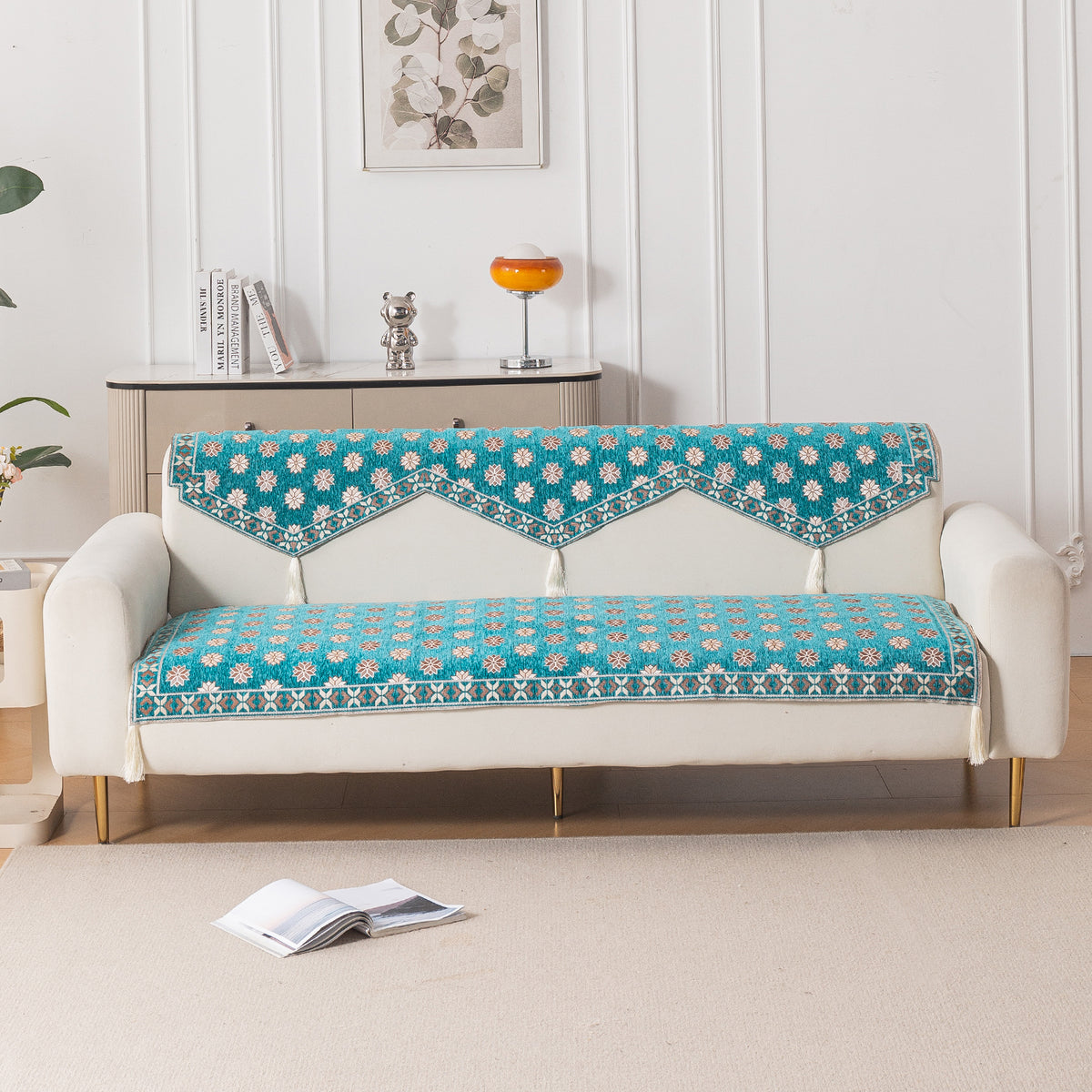 Heritage Weave Premium Jacquard Sofa Cover Set with Tassels - Emerald Teal