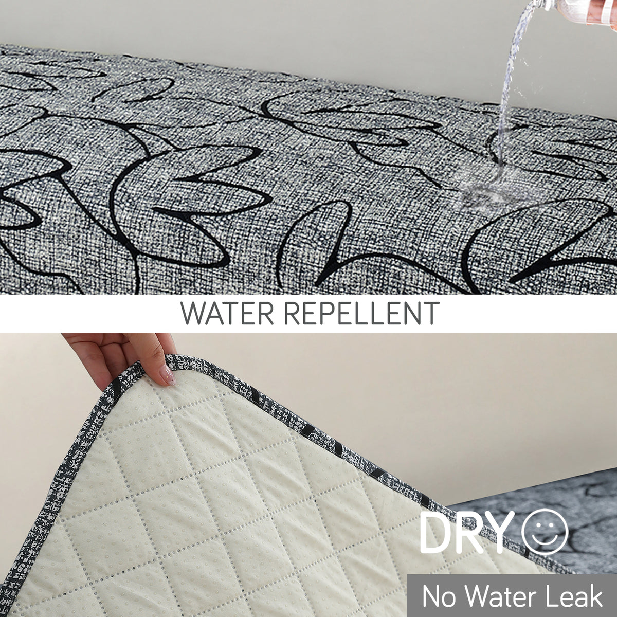 Water Repellent + Waterproof Quilted Sofa Mats, Intense Grey Abstract Floral