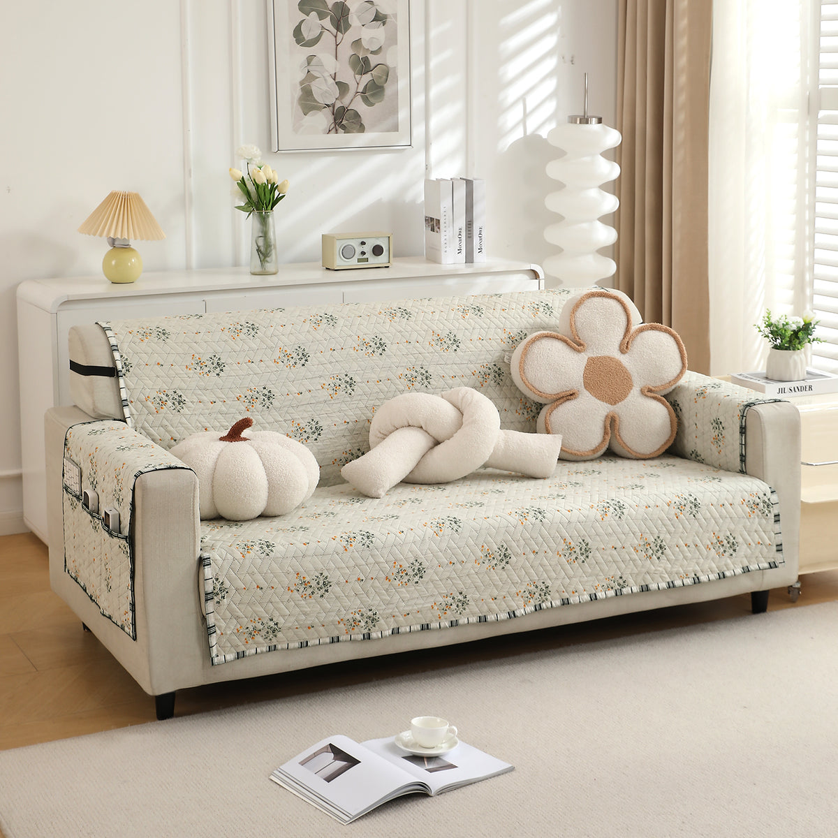 3 Seater Light Green Ash Gypsy Floral  Printed quilted sofa cover set