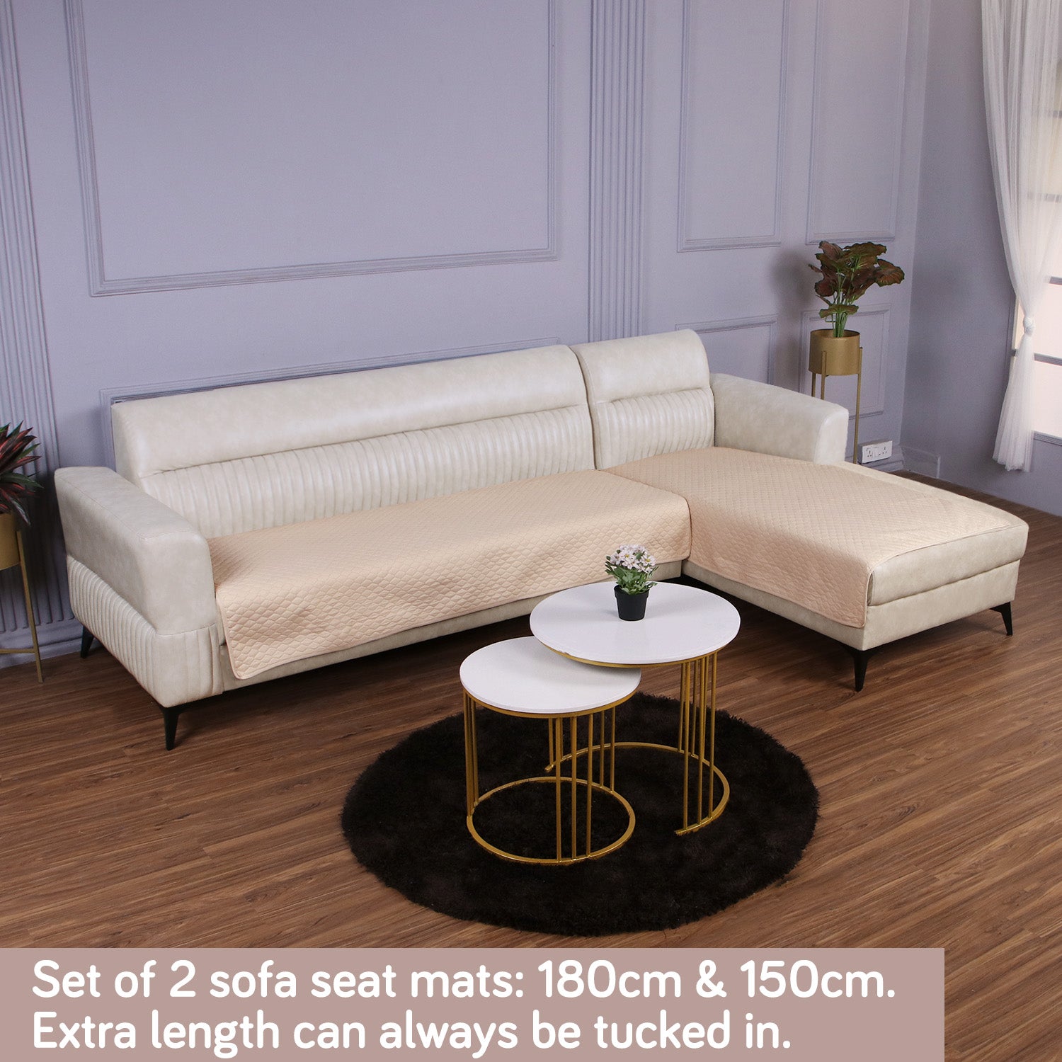 Quilted Sofa Mat Set for 3 Seater and 2 Seater Sofa (L Type), Beige