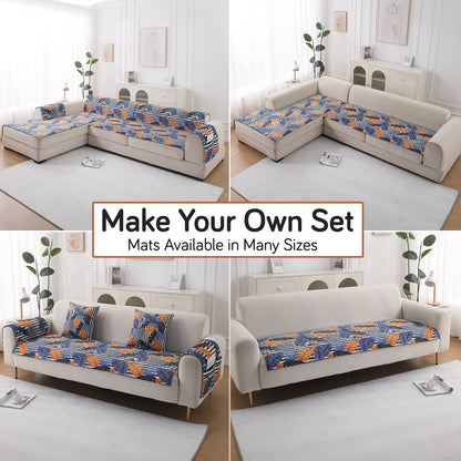 LiefNest Holland Velvet Sofa Cover Mat with Foam Filling - Tropical Leaves Dusk Blue