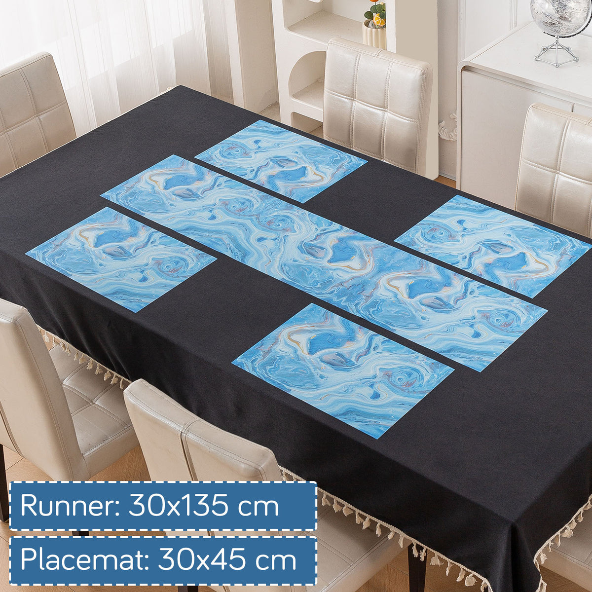 Marble Fusion PVC Mats for Dining Table, Aqua Swirl - Ocean Blue