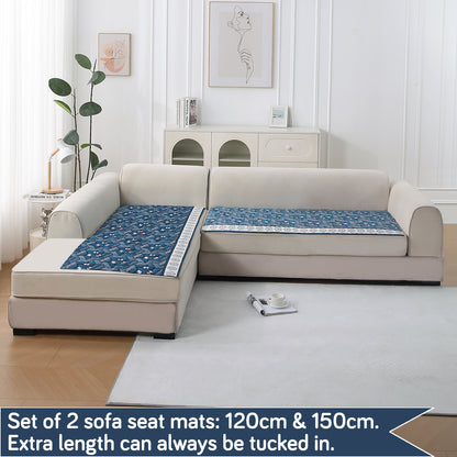 LiefNest Printed Holland Velvet L Shape Sofa Seat Mat with Foam Filling - Geometric Floral Oriental Blue