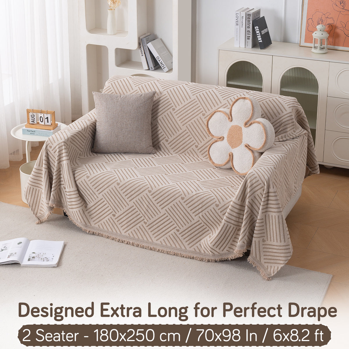 Buy Beige Geo Weave Serene Abode Chenille Two Seater Sofa Throw | HOKIPO