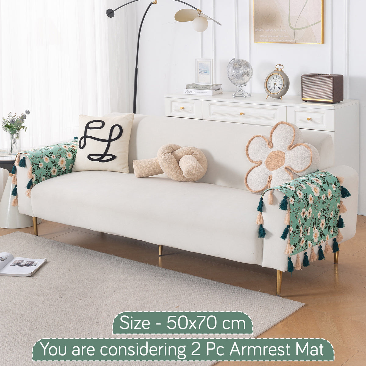 'Whispers of Nature' Series Holland Velvet Sofa Mat with Tassel, Sage Floral Vine