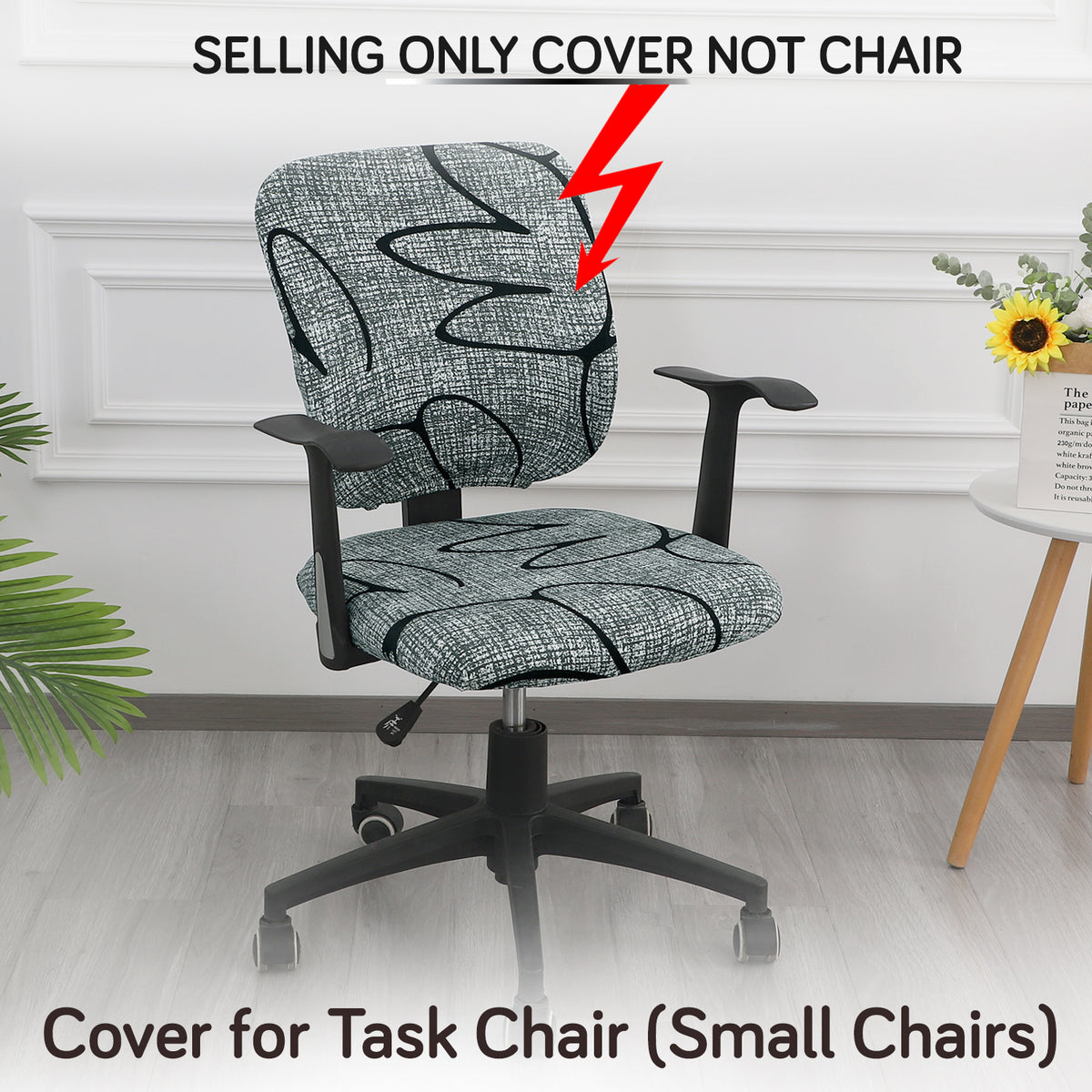 Printed Office Chair Cover for Task Chair – 140 GSM Stretchable Fabric – Washable & Anti-Slip – Fits Small Office Chairs Without Headrest, Intense Grey Abstract Floral