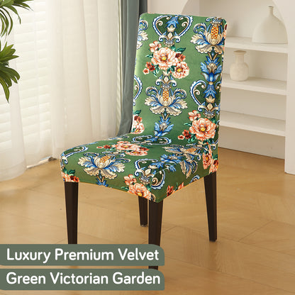 Premium Printed Velvet Dining Chair Cover Set, Green Victorian Garden