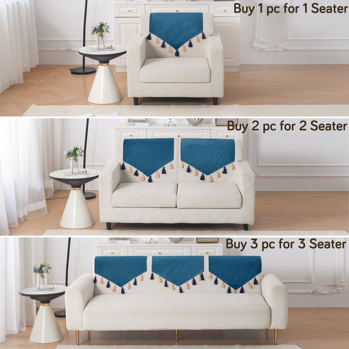Tassel Tone Holland Velvet Sofa Cover Mat, Sea Blue