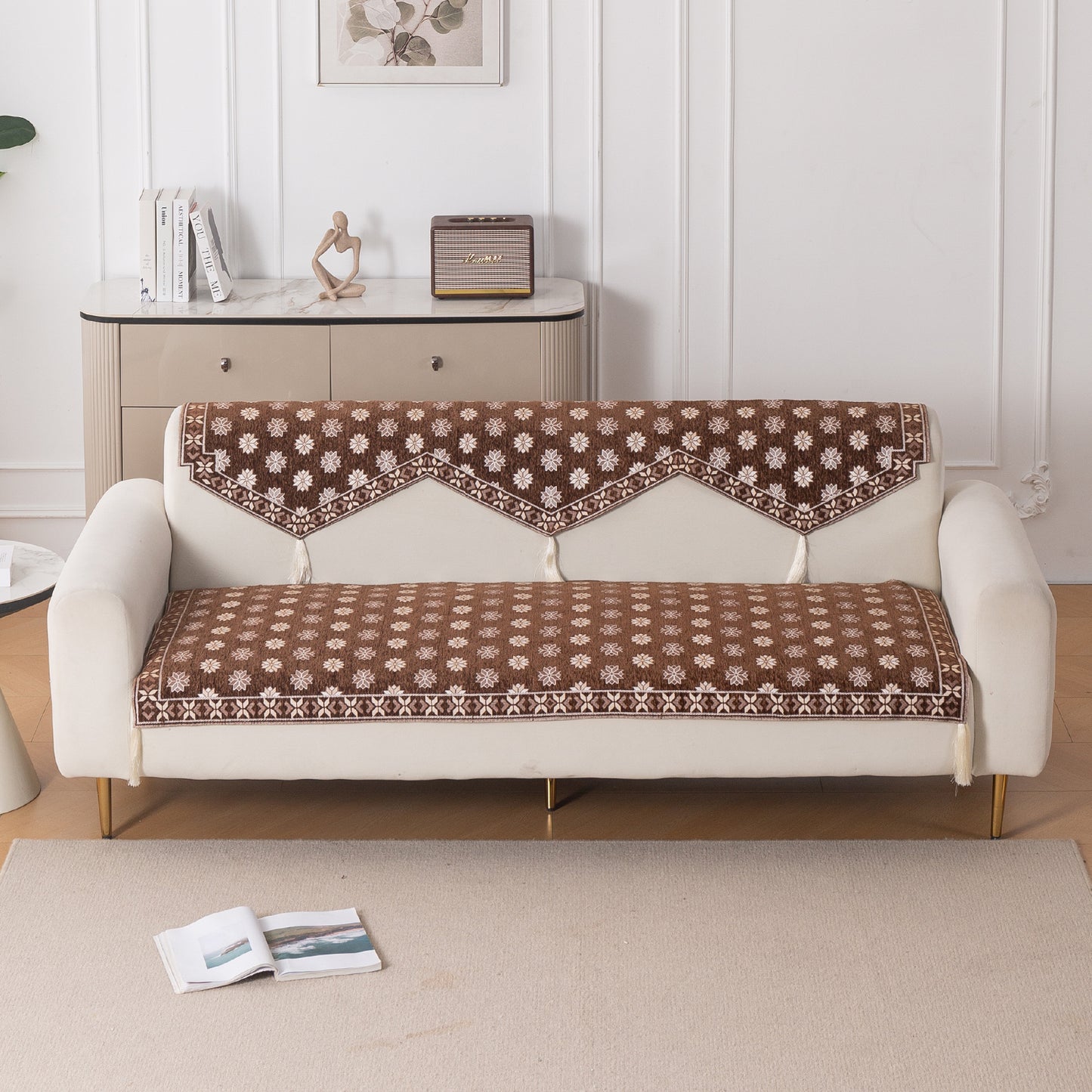 Heritage Weave Premium Jacquard Sofa Cover Set with Tassels - Russet Brown