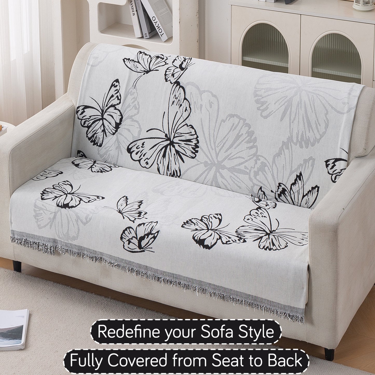 Premium 320 GSM Chenille Sofa Cover 'Serene Abode Series', Monochrome Butterfly