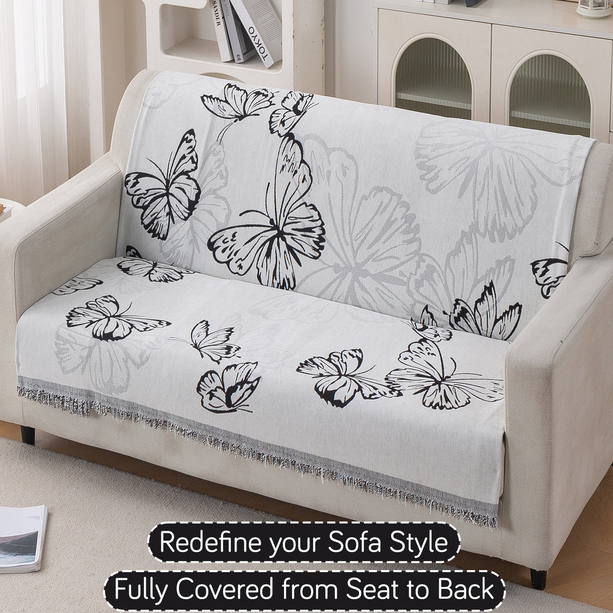 Premium 320 GSM Chenille Sofa Cover 'Serene Abode Series', Monochrome Butterfly