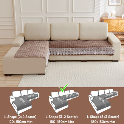 BelleLace Series Imperial Milk Velvet L Shape Sofa Cover Mat with Lace Design - Mocha Brown