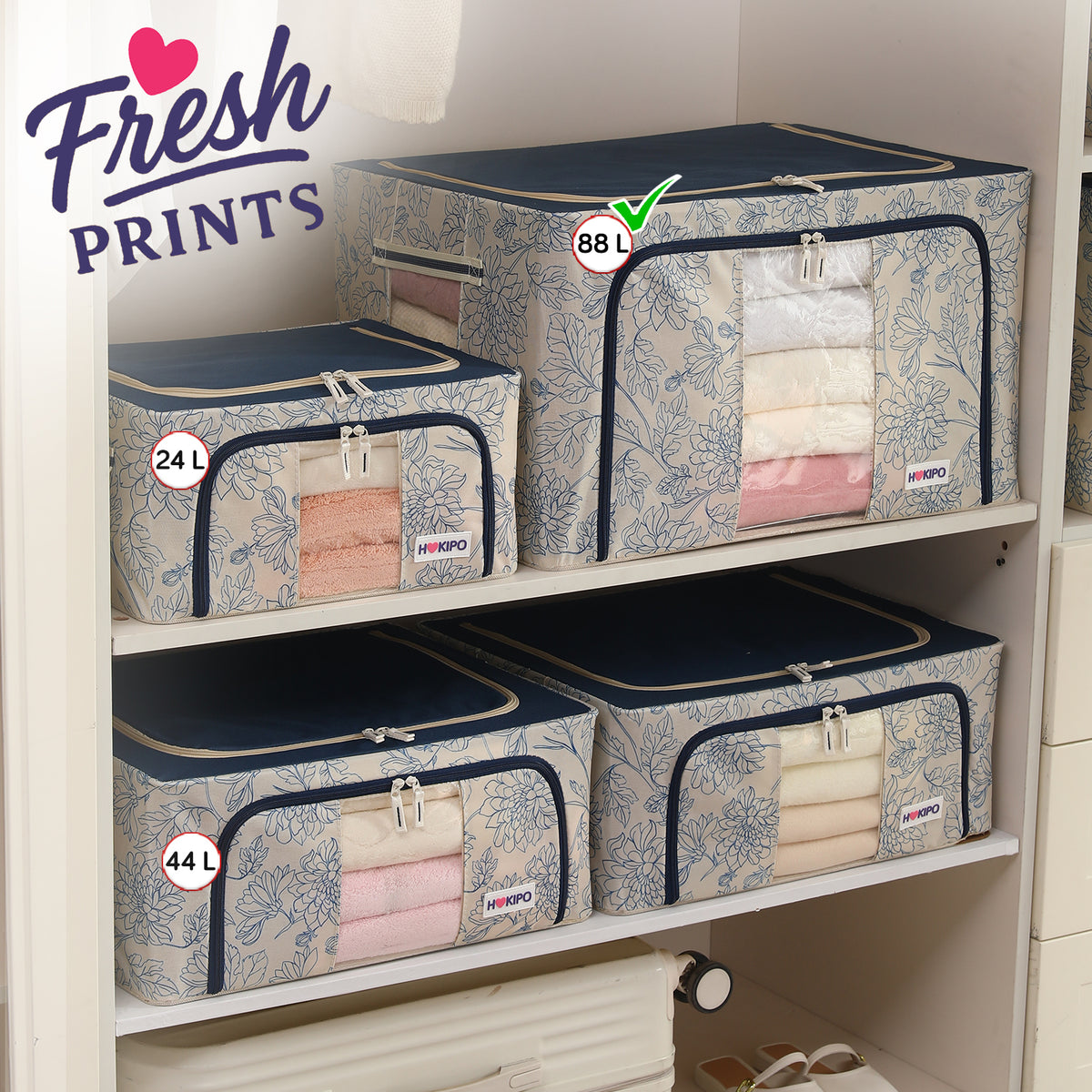 Foldable Cloth Storage Organizer for Wardrobe, Blue Blossom