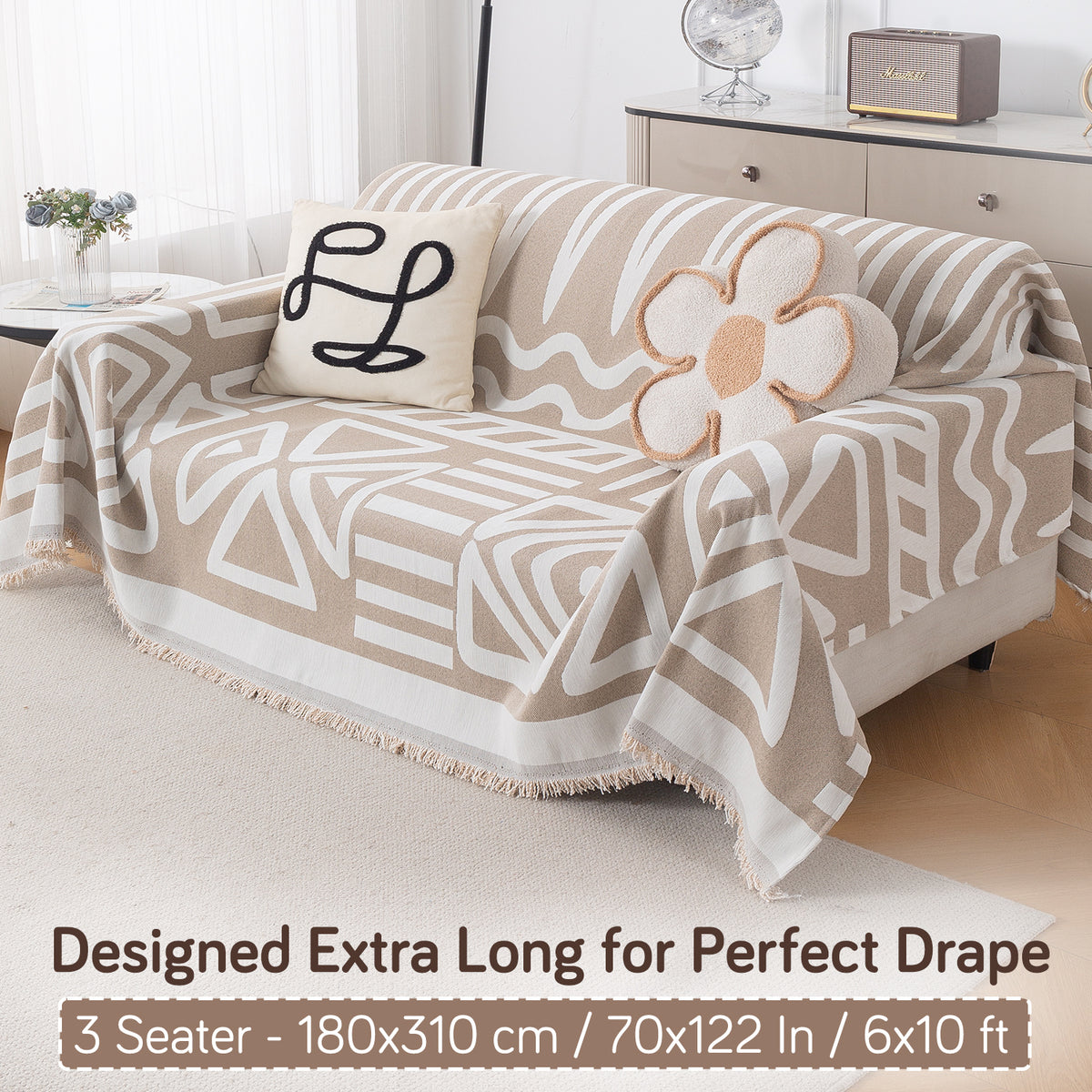 Buy Beige Colour Urban Tribe Chenille Three Seater Sofa Throw | HOKIPO