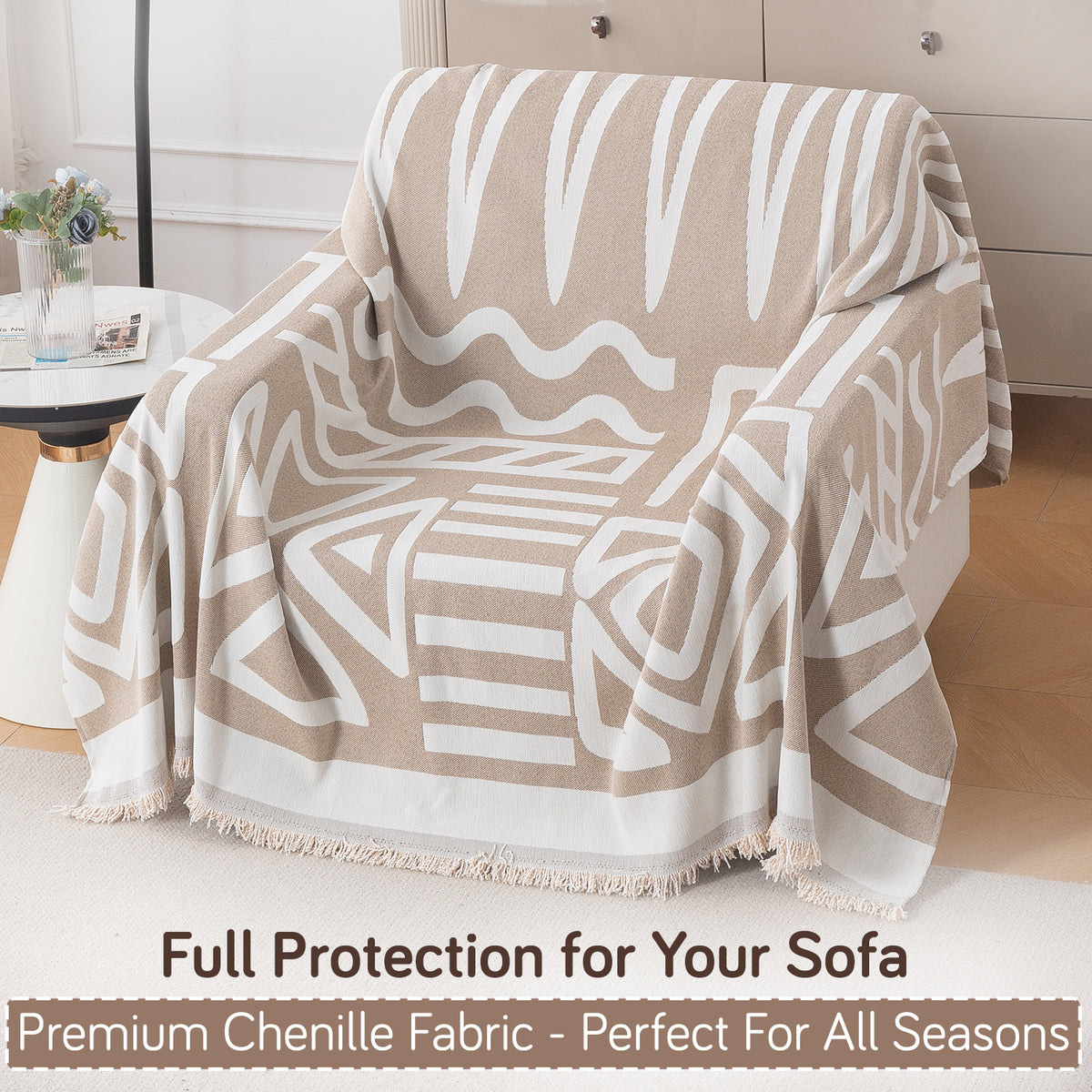 Urban Tribe Premium Chenille Fabric Sofa Cover Throw, Beige