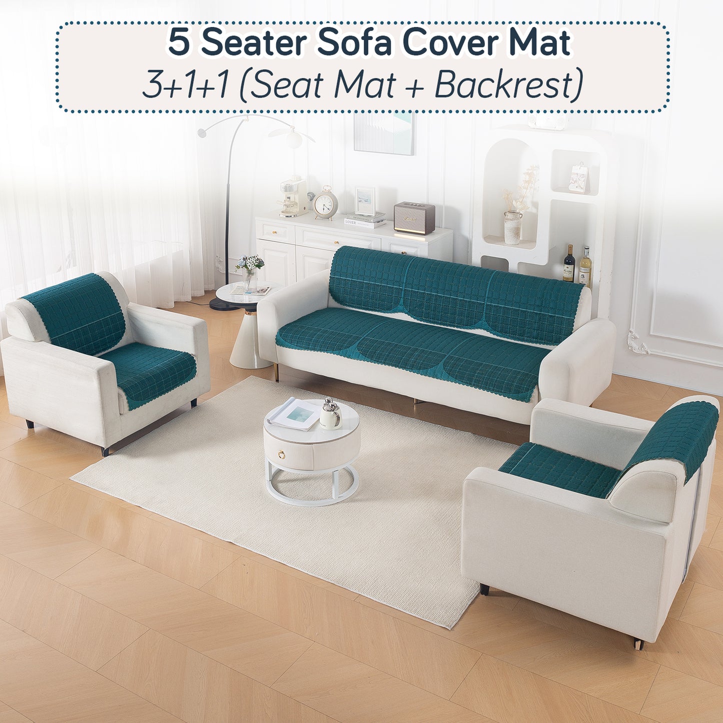 'Comfort Grid Series' Premium Quilted 5 (3+1+1) Seater Sofa Cover Set with Foam Filling | Peacock Blue