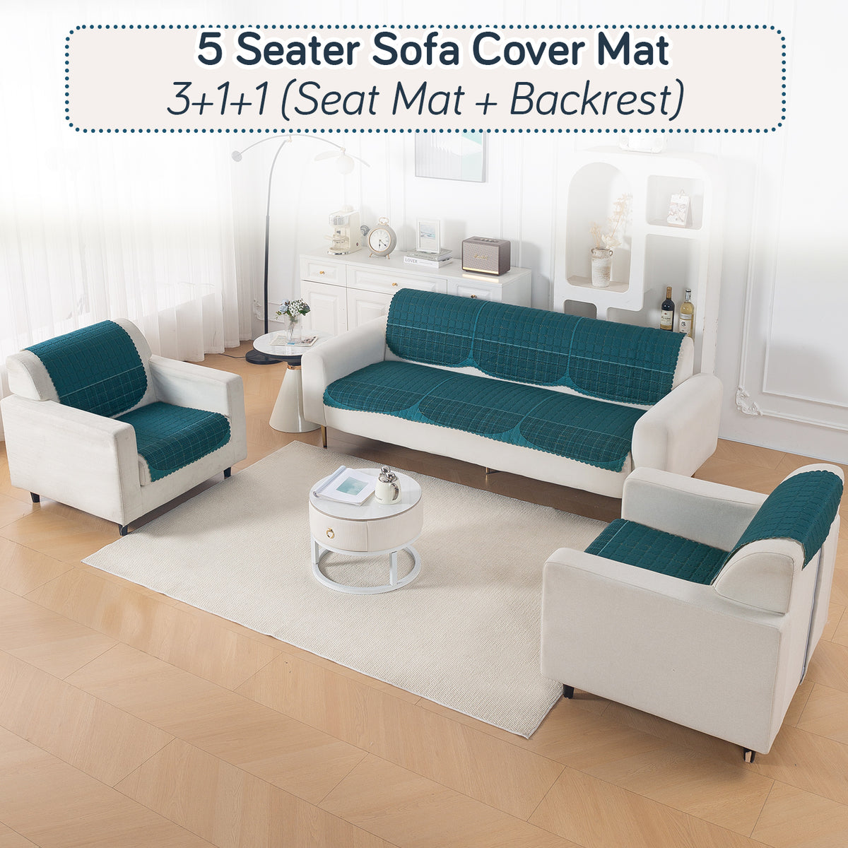 'Comfort Grid Series' Premium Quilted 5 (3+1+1) Seater Sofa Cover Set with Foam Filling | Peacock Blue