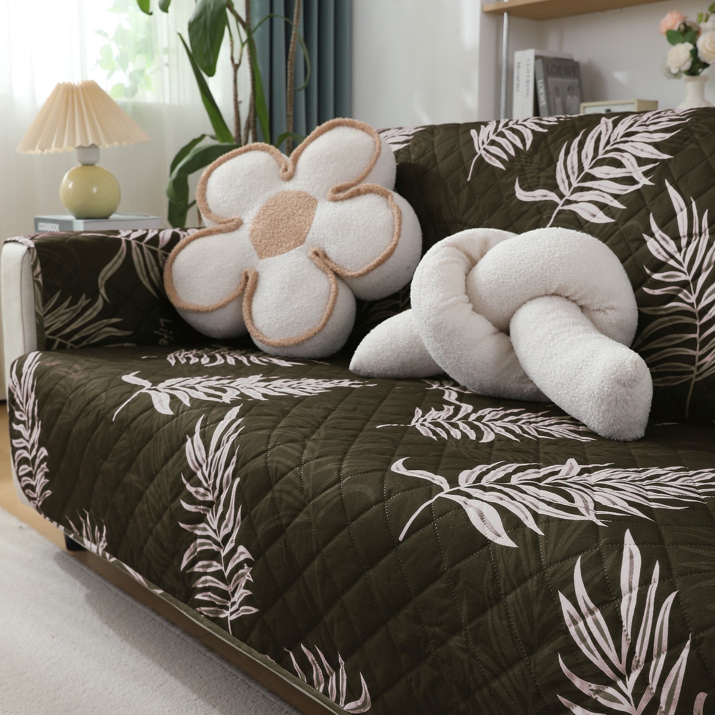 Quilted Waterproof Sofa Cover Mat with Pockets on Armrest Cover - Palm Leaves Olive