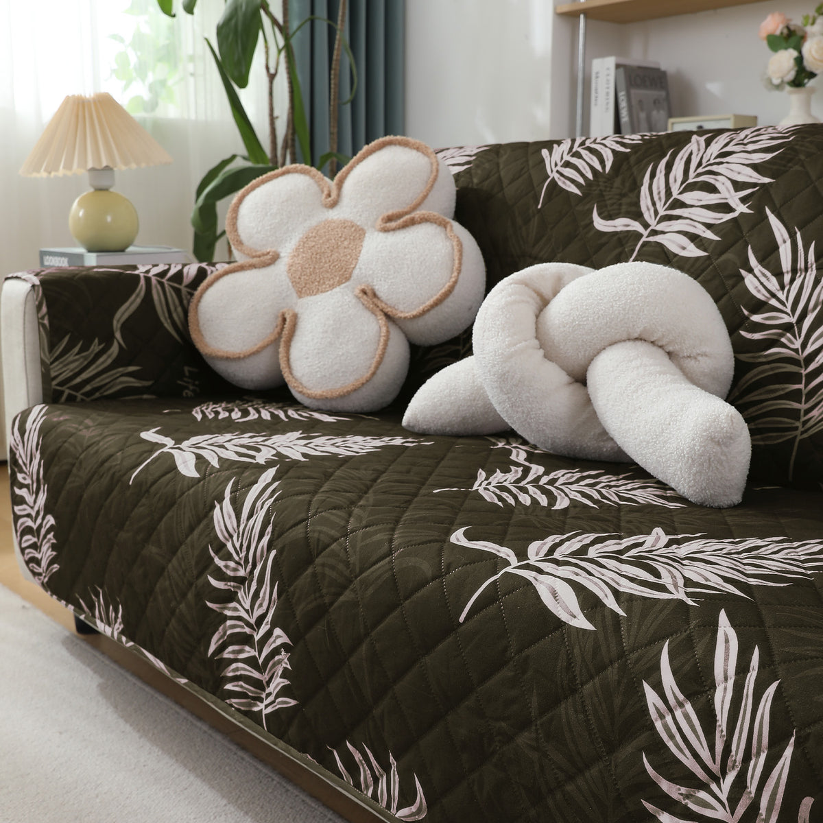 Quilted Waterproof Sofa Cover Mat with Pockets on Armrest Cover - Palm Leaves Olive