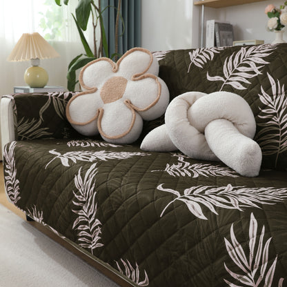 Quilted Waterproof Sofa Cover Mat with Pockets on Armrest Cover - Palm Leaves Olive