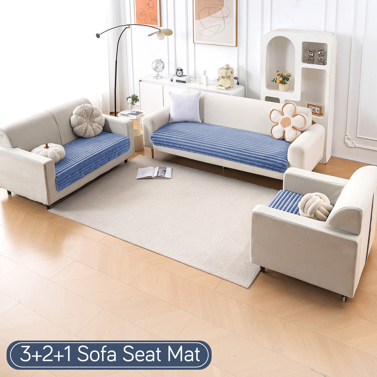 Faux Rabbit Fur Sofa Cover Combination Set, 'Snuggle Fur Series' Denim Blue