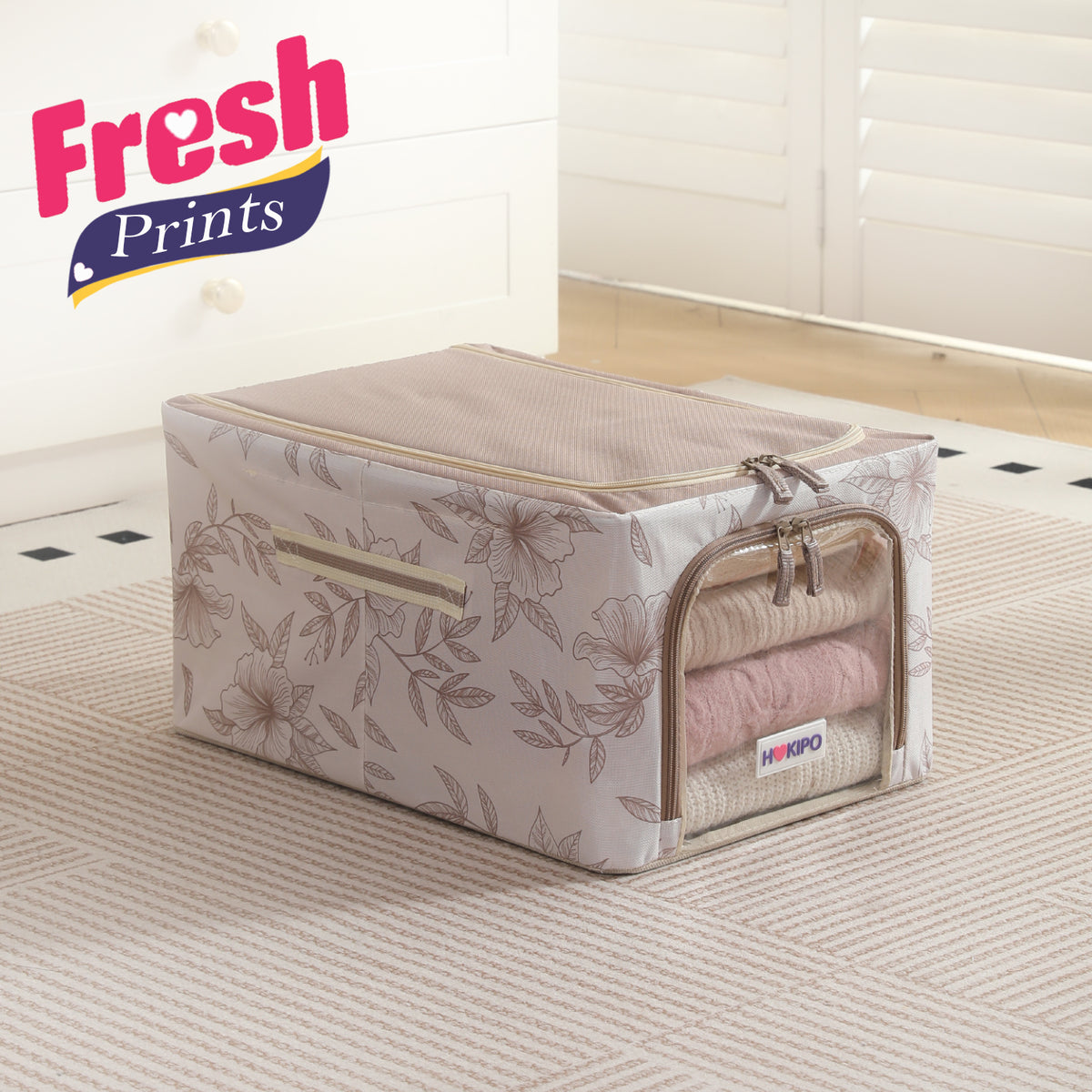 Foldable Cloth Storage Box Organizer for Wardrobe, Latte Floral