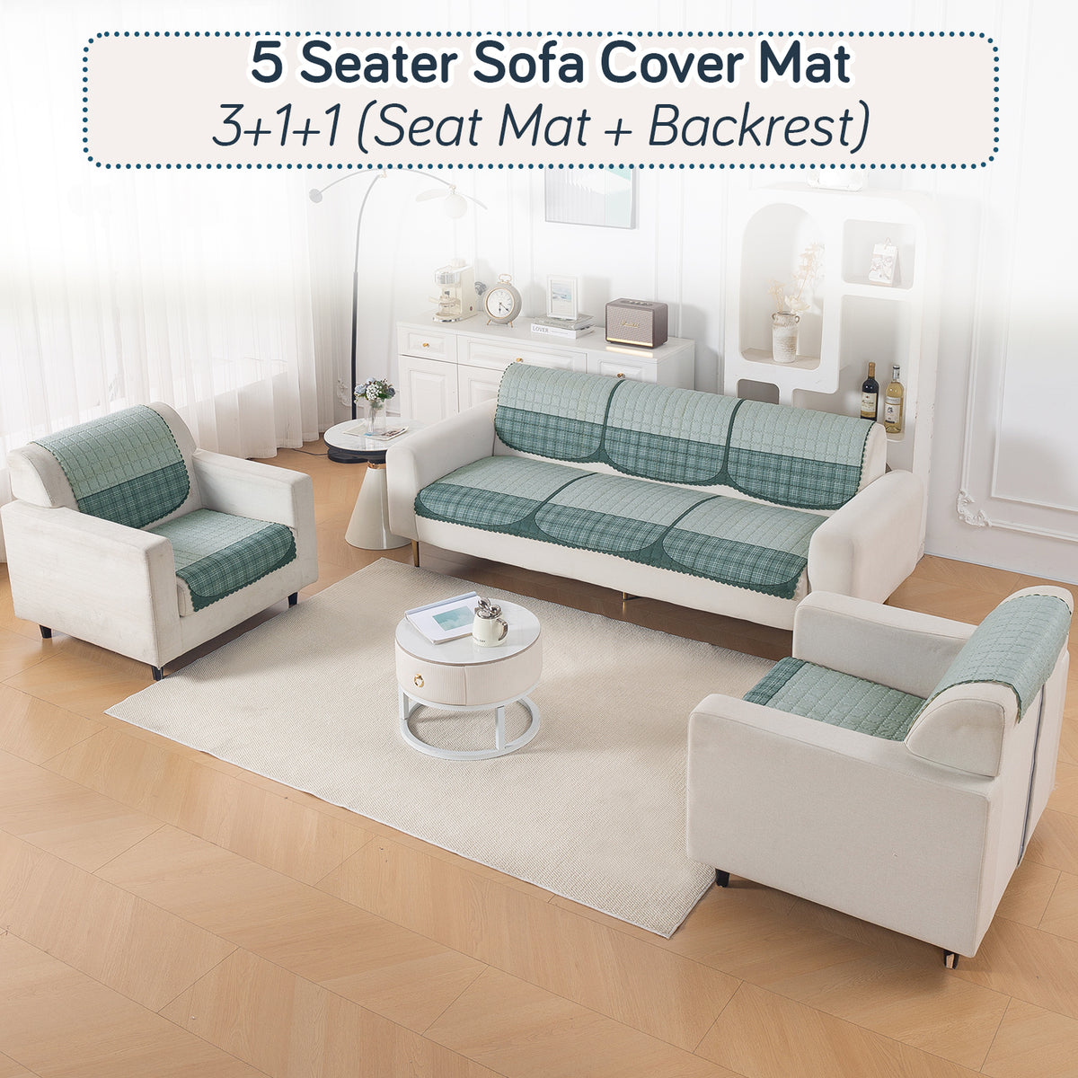'Comfort Grid Series' Premium Quilted 5 (3+1+1) Seater Sofa Cover Set with Foam Filling | Gentle Blue