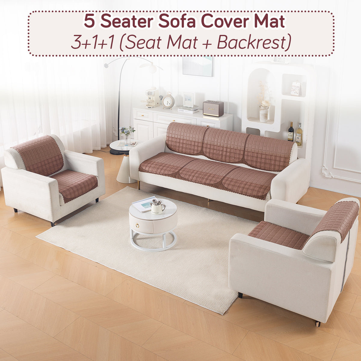 'Comfort Grid Series' Premium Quilted 5 (3+1+1) Seater Sofa Cover Set with Foam Filling | Rose Taupe