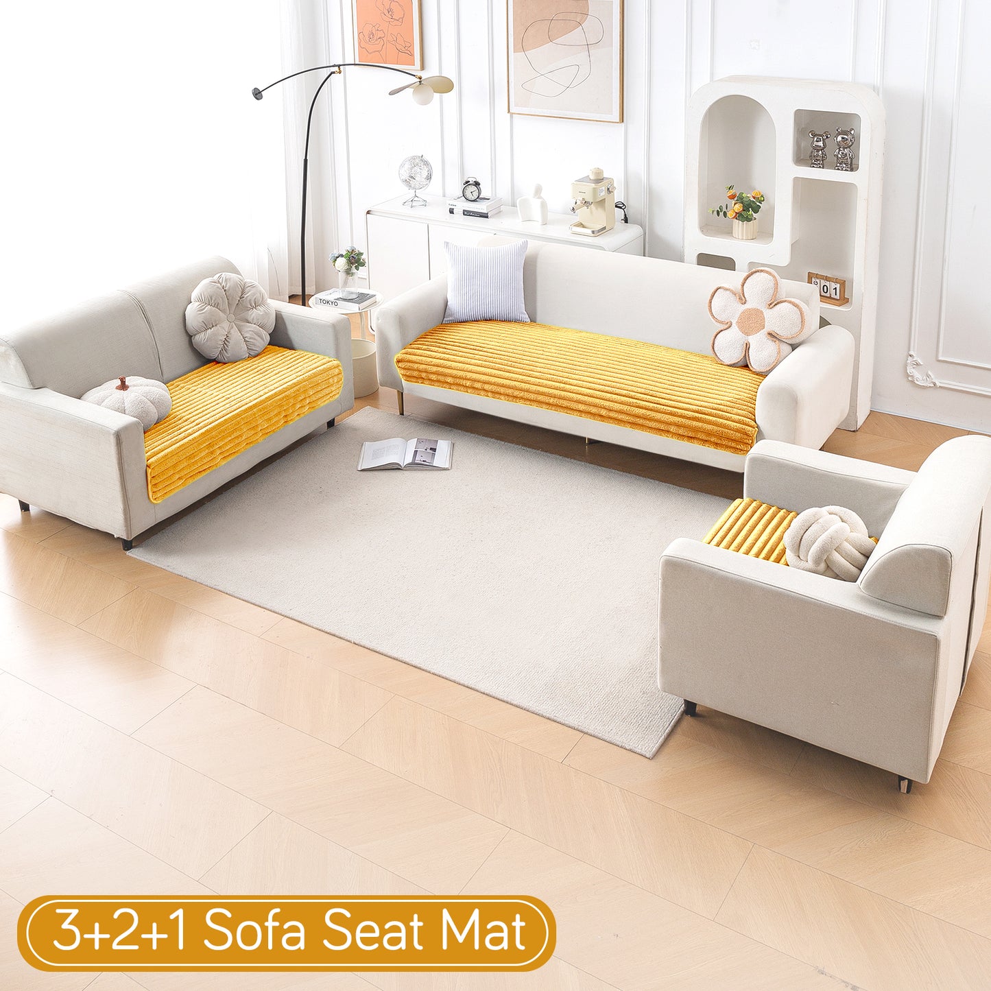 Faux Rabbit Fur Sofa Cover Combination Set, 'Snuggle Fur Series' Mustard Yellow