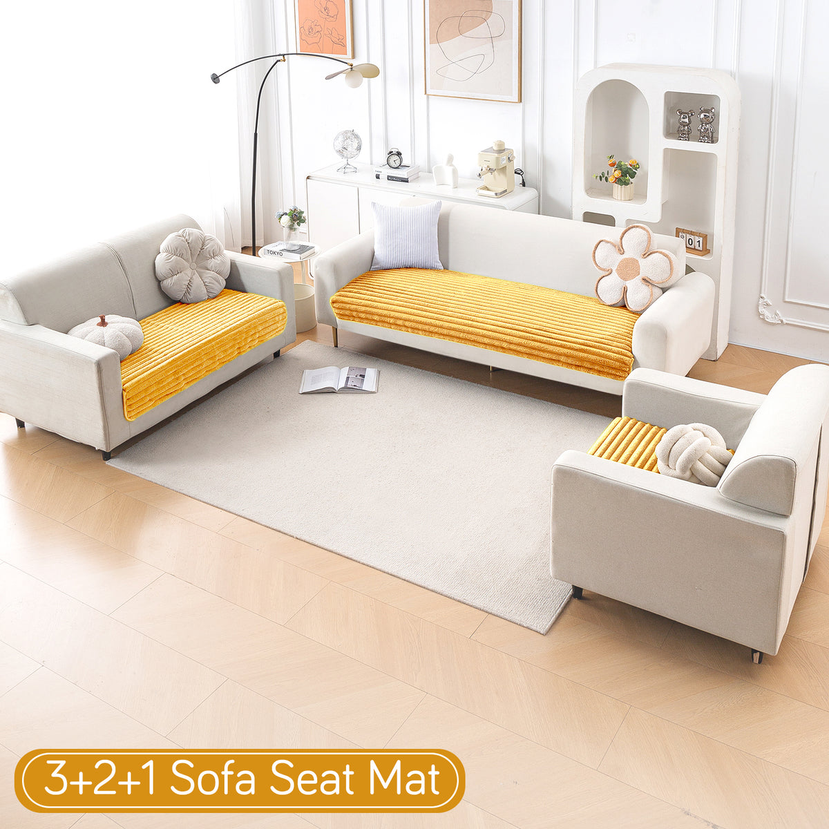 Faux Rabbit Fur Sofa Cover Combination Set, 'Snuggle Fur Series' Mustard Yellow