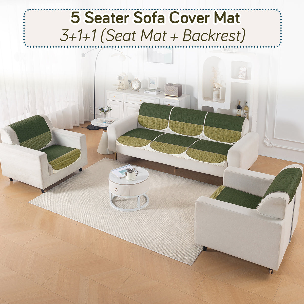 'Comfort Grid Series' Premium Quilted 5 (3+1+1) Seater Sofa Cover Set with Foam Filling | Dark Olive Green