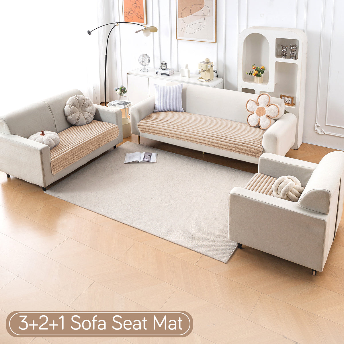 Faux Rabbit Fur Sofa Cover Combination Set, 'Snuggle Fur Series' Sand Brown