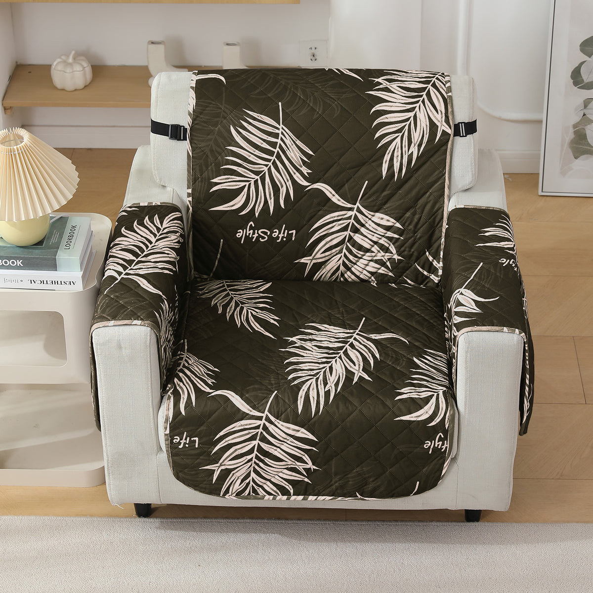Quilted Waterproof Sofa Cover Mat with Pockets on Armrest Cover - Palm Leaves Olive