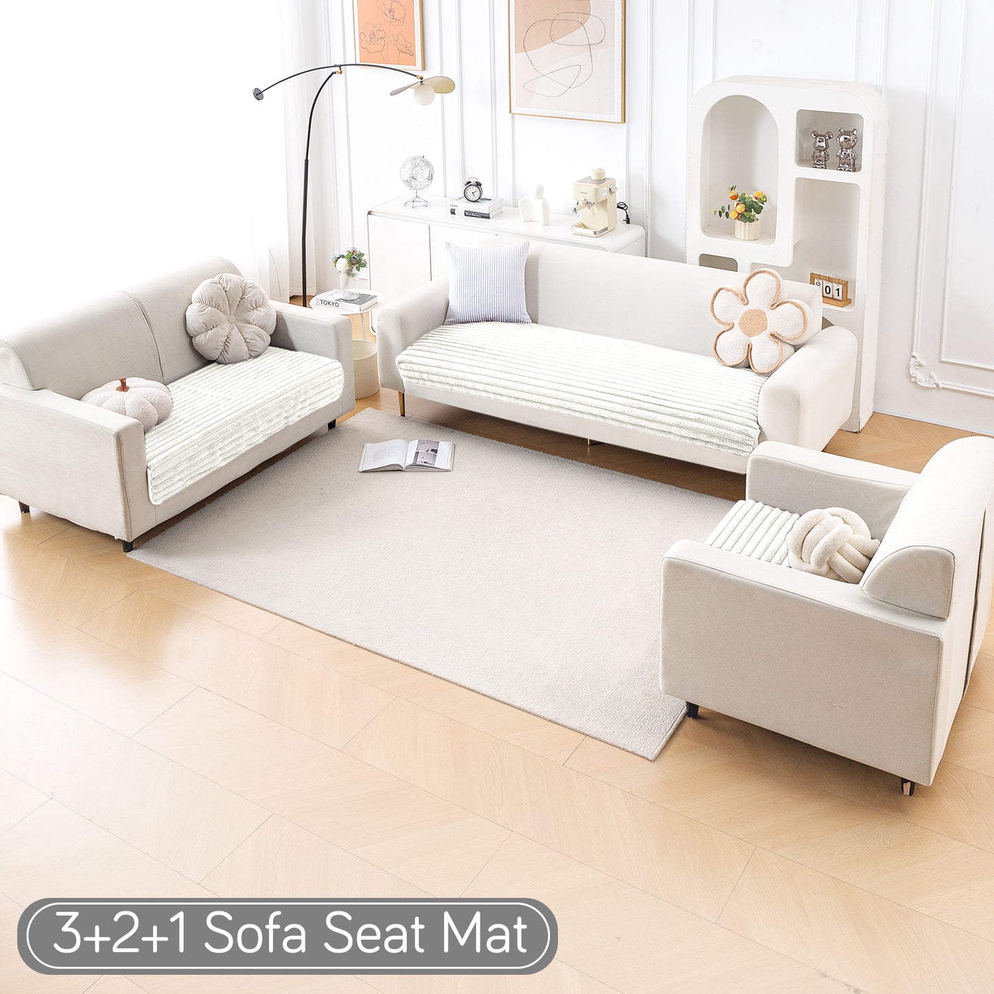 Faux Rabbit Fur Sofa Cover Combination Set, 'Snuggle Fur Series' Pearl White