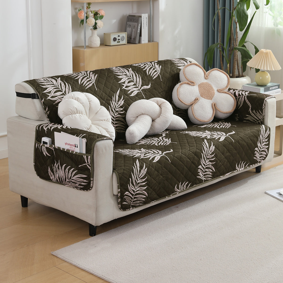 Quilted Waterproof Sofa Cover Mat with Pockets on Armrest Cover - Palm Leaves Olive