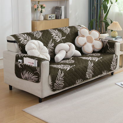 Quilted Waterproof Sofa Cover Mat with Pockets on Armrest Cover - Palm Leaves Olive