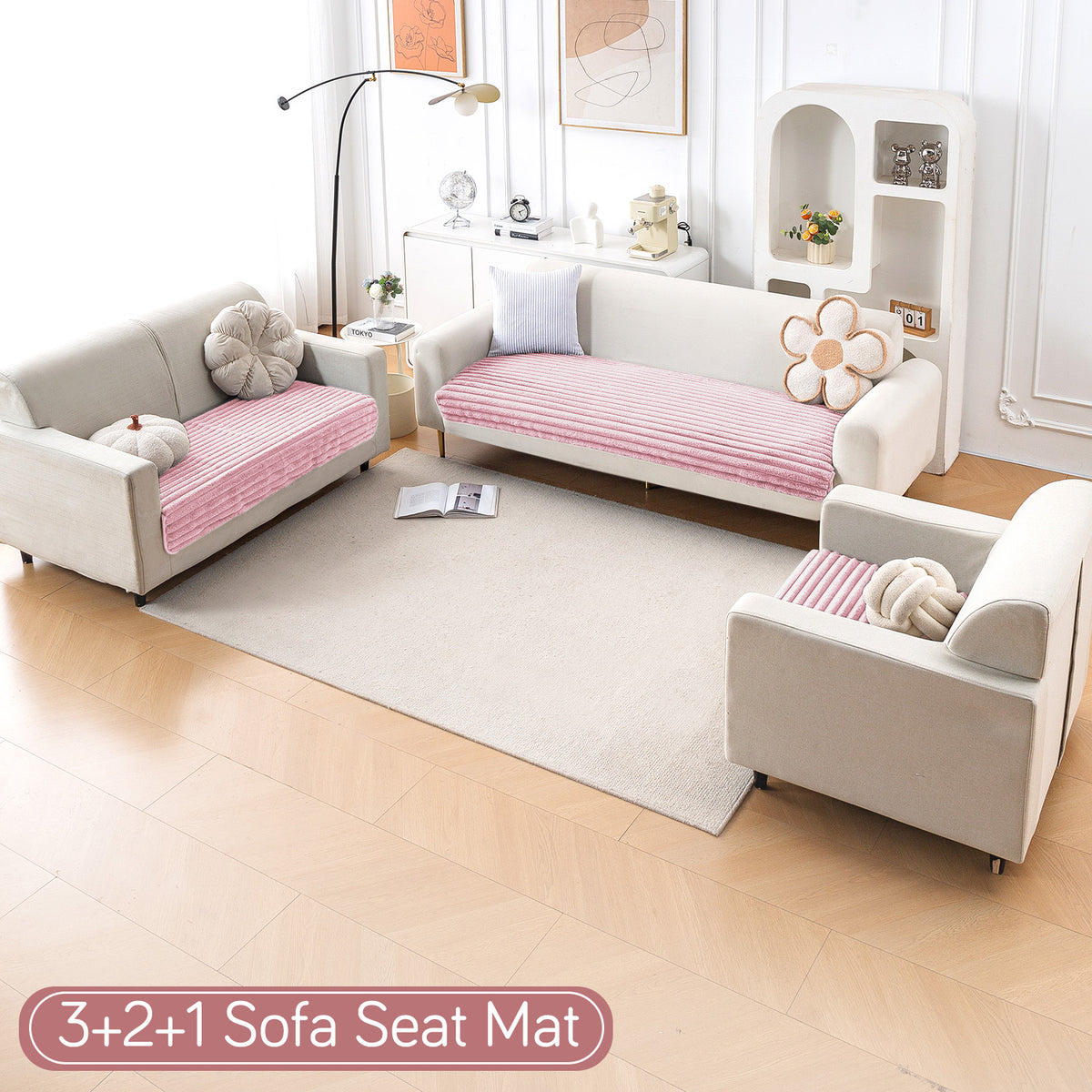Faux Rabbit Fur Sofa Cover Combination Set, 'Snuggle Fur Series' Soft Pink