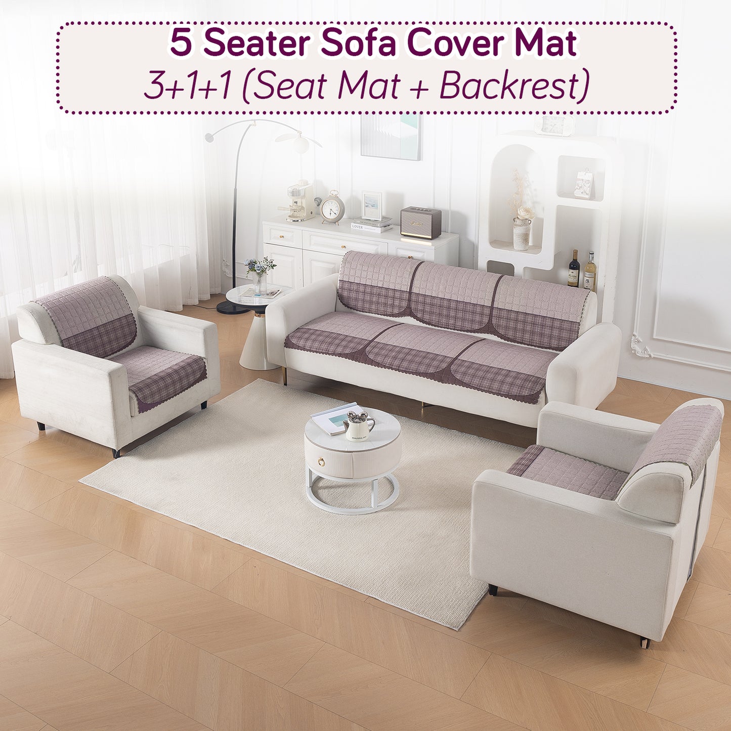 'Comfort Grid Series' Premium Quilted 5 (3+1+1) Seater Sofa Cover Set with Foam Filling | Plum