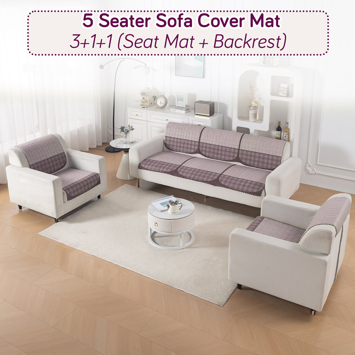'Comfort Grid Series' Premium Quilted 5 (3+1+1) Seater Sofa Cover Set with Foam Filling | Plum