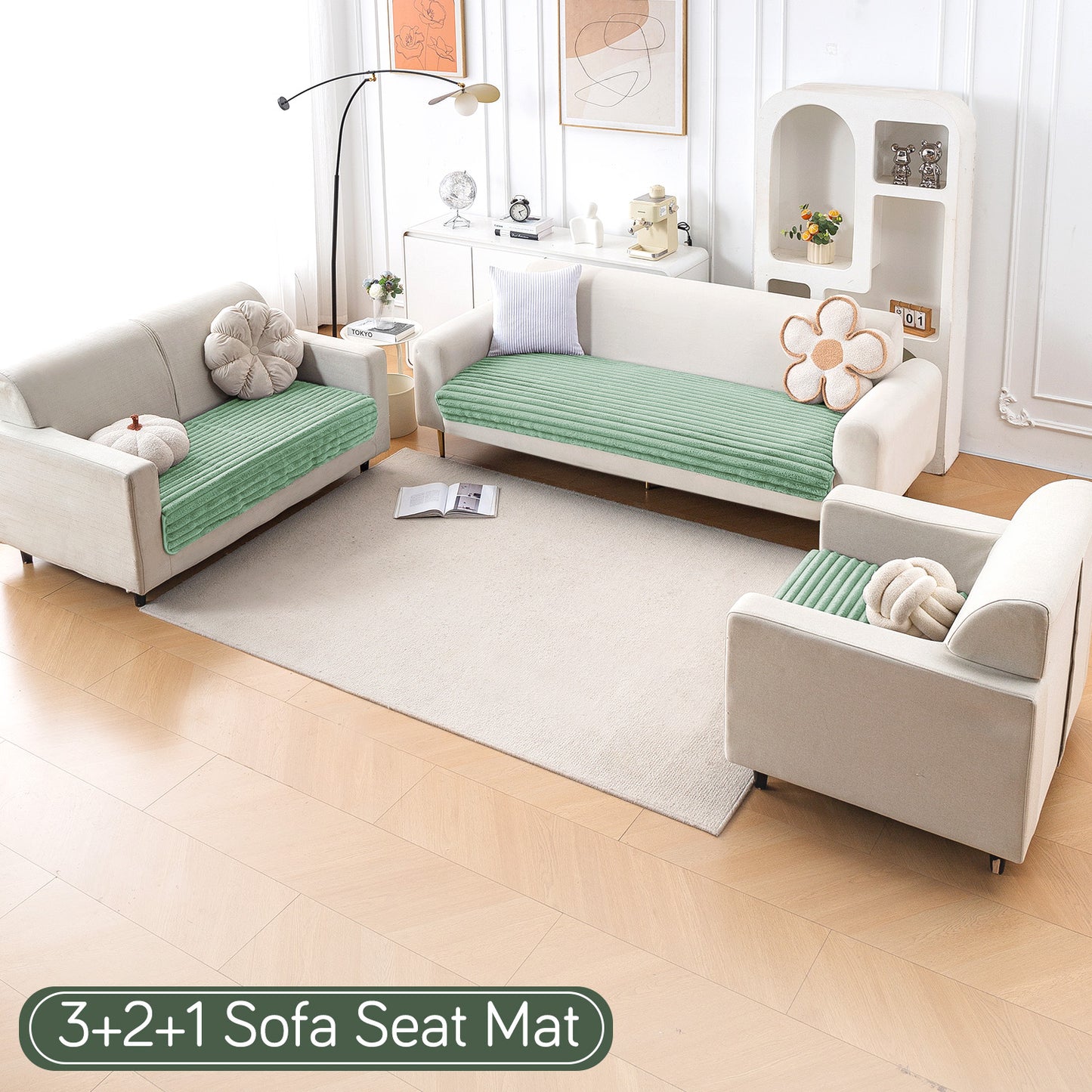 Faux Rabbit Fur Sofa Cover Combination Set, 'Snuggle Fur Series' Sage Green