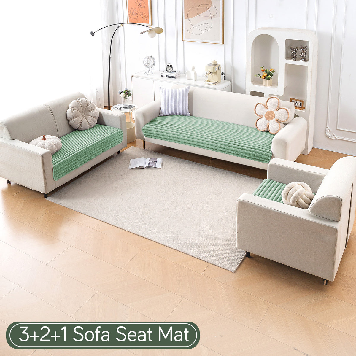 Faux Rabbit Fur Sofa Cover Combination Set, 'Snuggle Fur Series' Sage Green