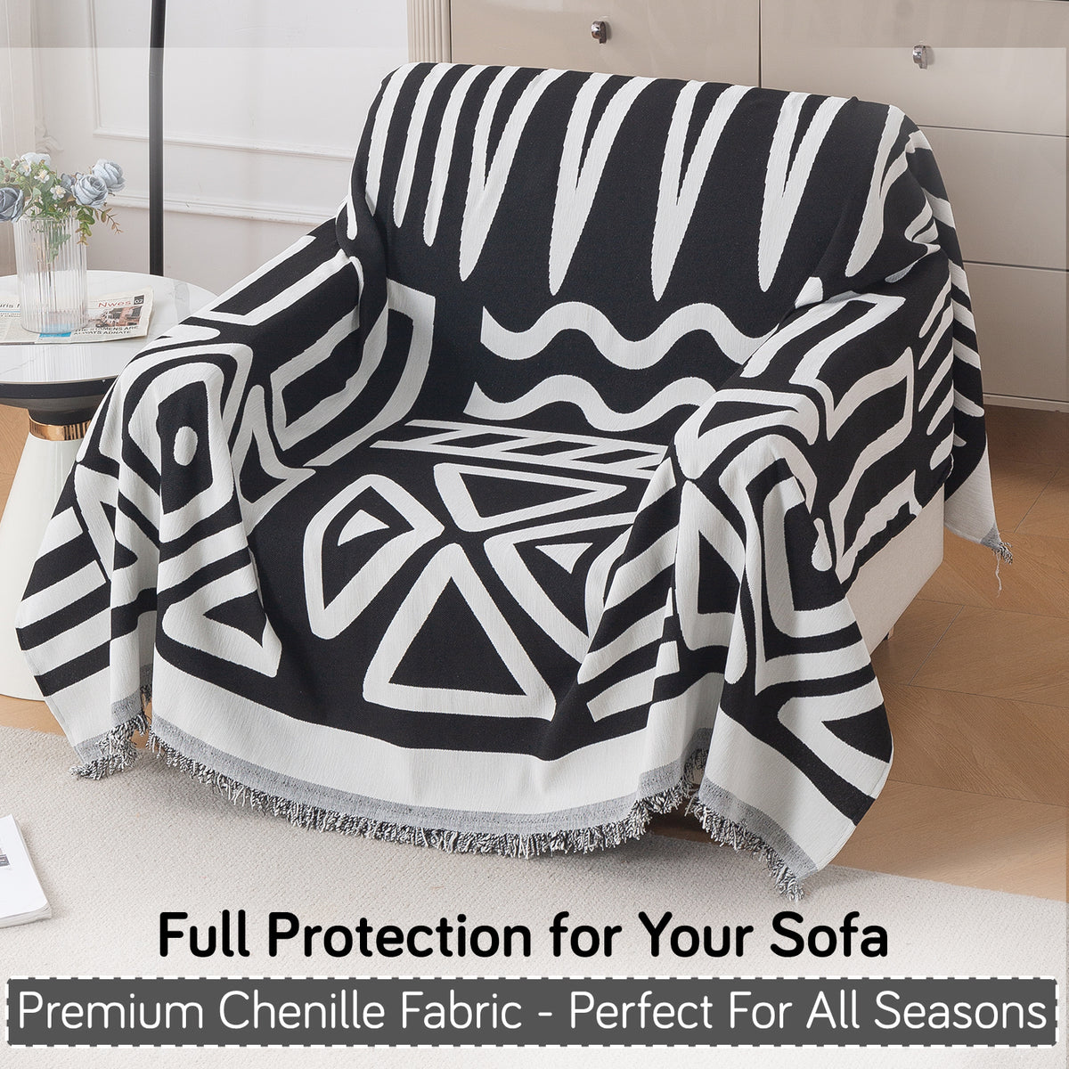 Buy Stylish Black Colour Urban Tribe Chenille Sofa Throw | HOKIPO