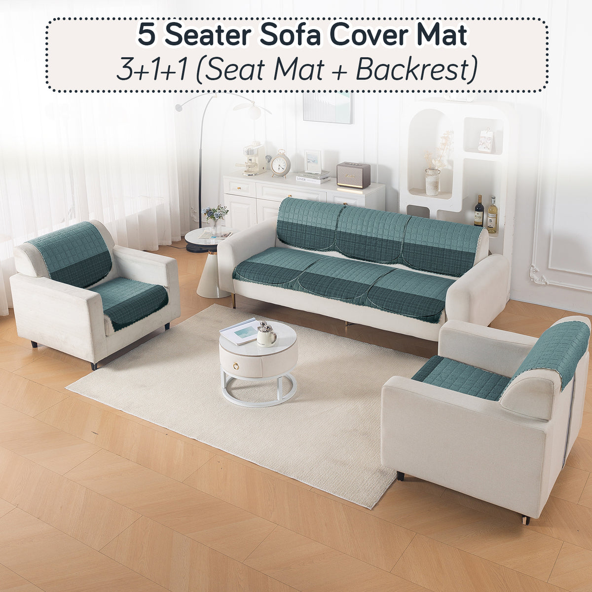 'Comfort Grid Series' Premium Quilted 5 (3+1+1) Seater Sofa Cover Set with Foam Filling | Oriental Blue