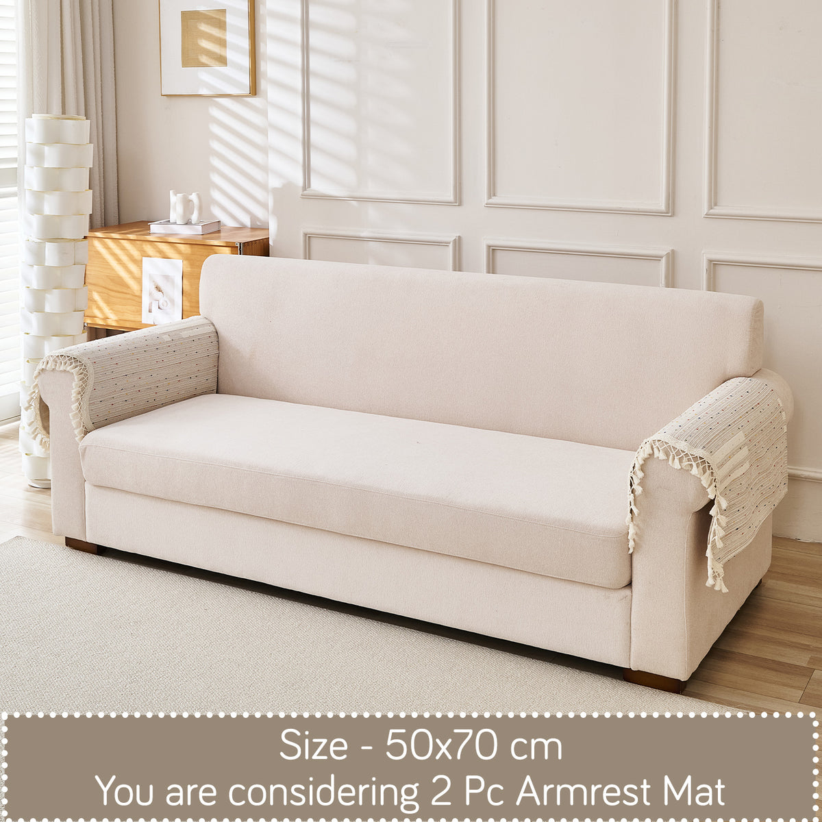 DreamWave Chenille with Tassels Sofa Cover Mat, Pastel Sand