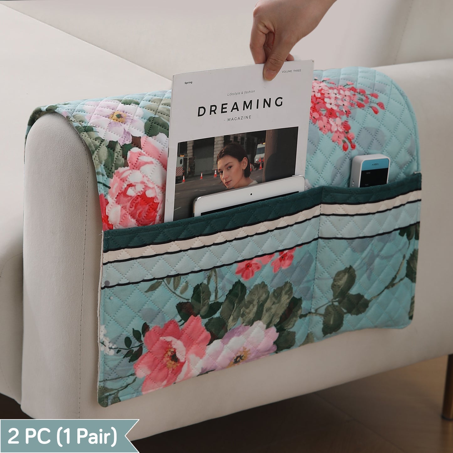 LiefNest Printed Holland Velvet Sofa Mat with Foam Filling - Fresh Floral Pastel Blue for 1/2/3 Seater & Armrest